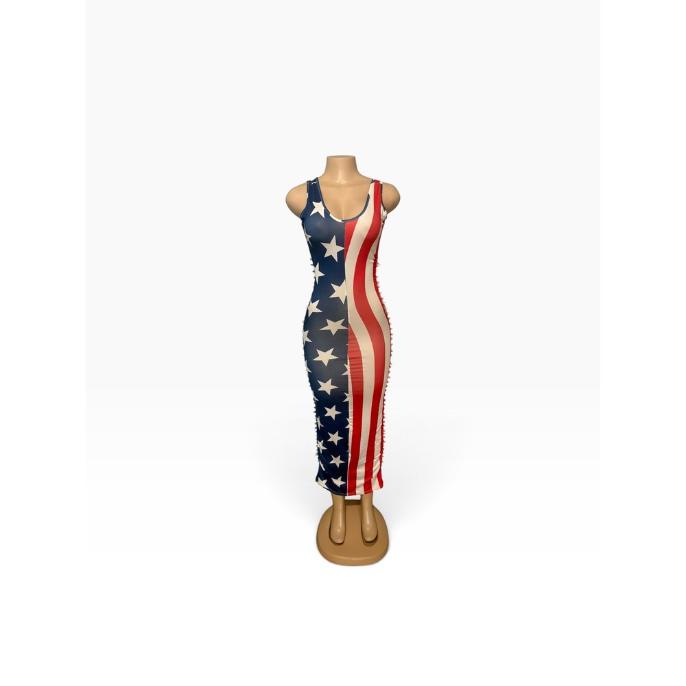 American Flag Bodycon Maxi Dress Patriotic Stars Stripes Lace Up Side Small